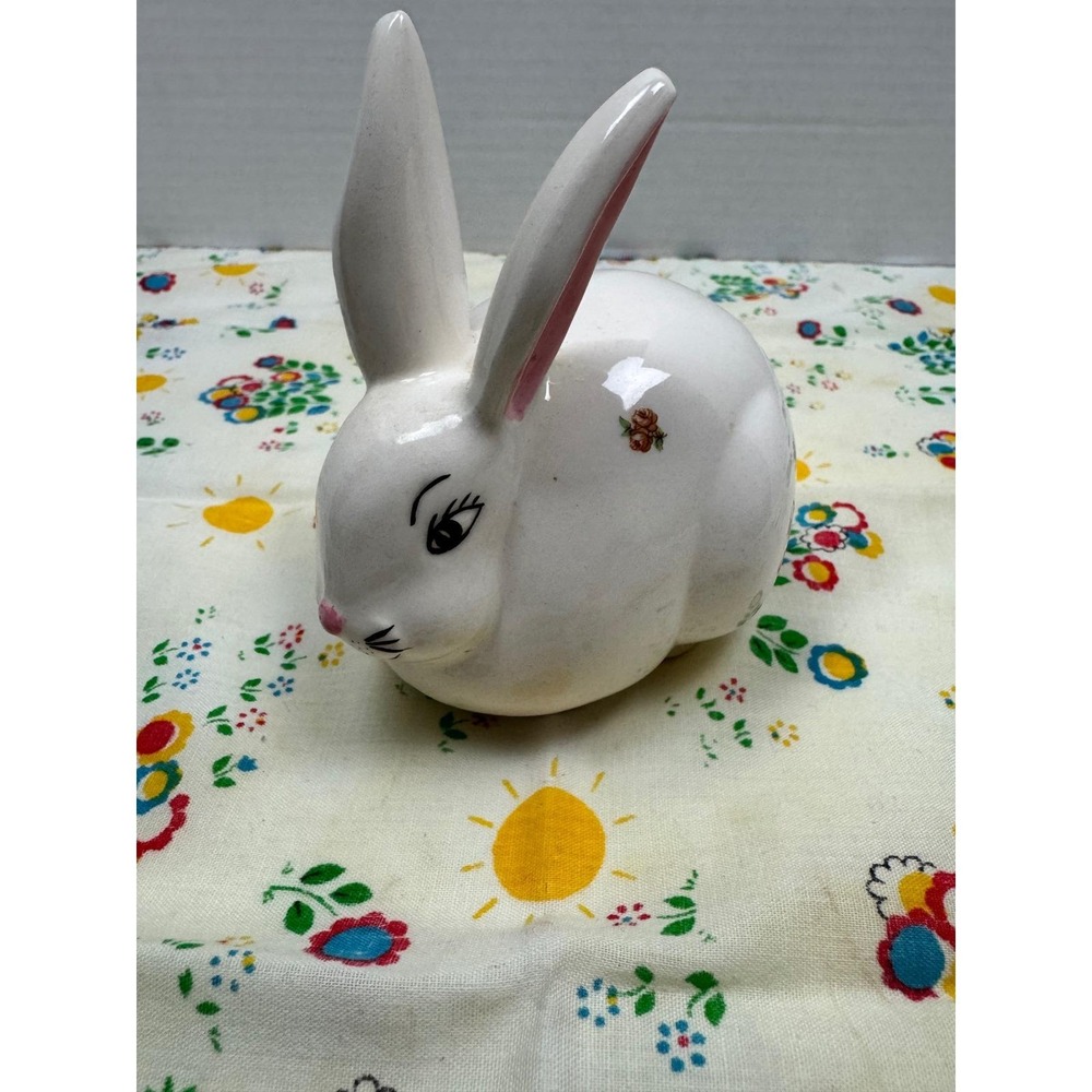 Vintage White Ceramic Bunny Rabbit Cotton Ball Dispenser Figurine Florall Easter